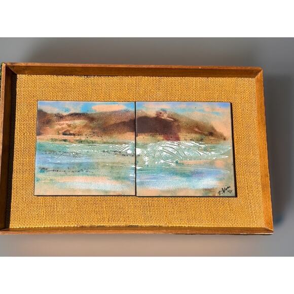 MCM Art Enamel On Copper Painted Tiles On Burlap Wood Tray Frame Signed KIM VTG - Picture 1 of 8